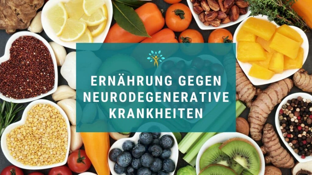 Schriftzug Ernährung gegen neurodegenerative Krankheiten und Früchte im Hintergrund