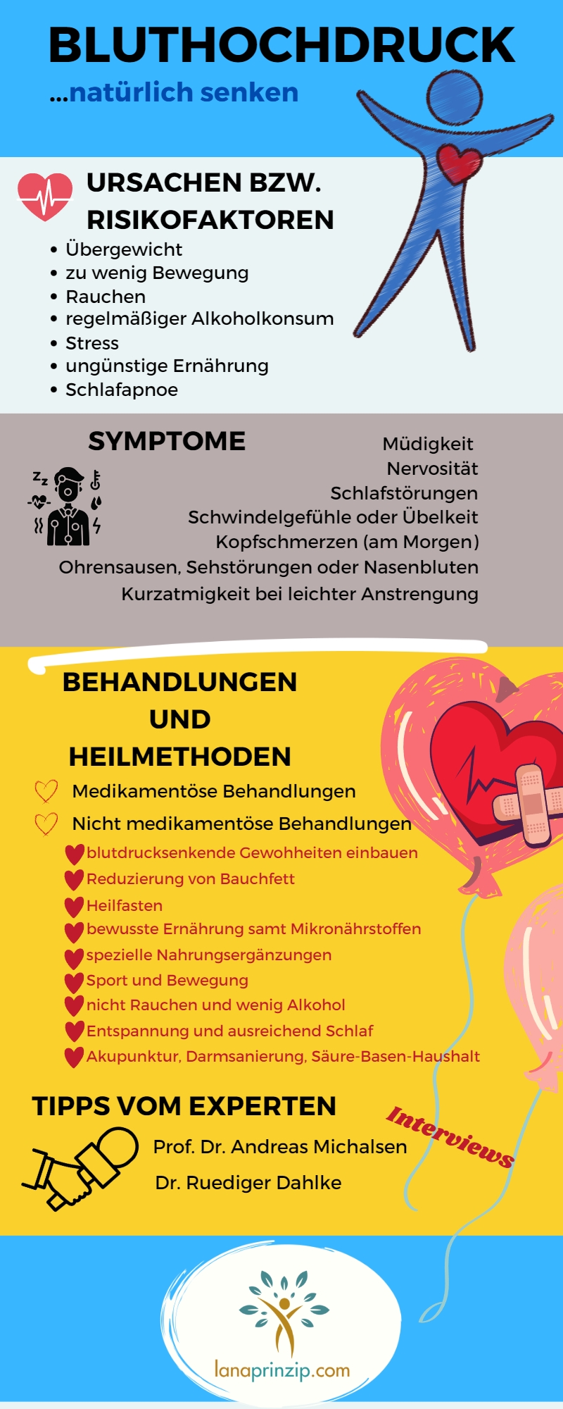 Eine Infografik, die zeigt wie man mit gesundheitlichen Maßnahmen den Bluthochdruck senken kann