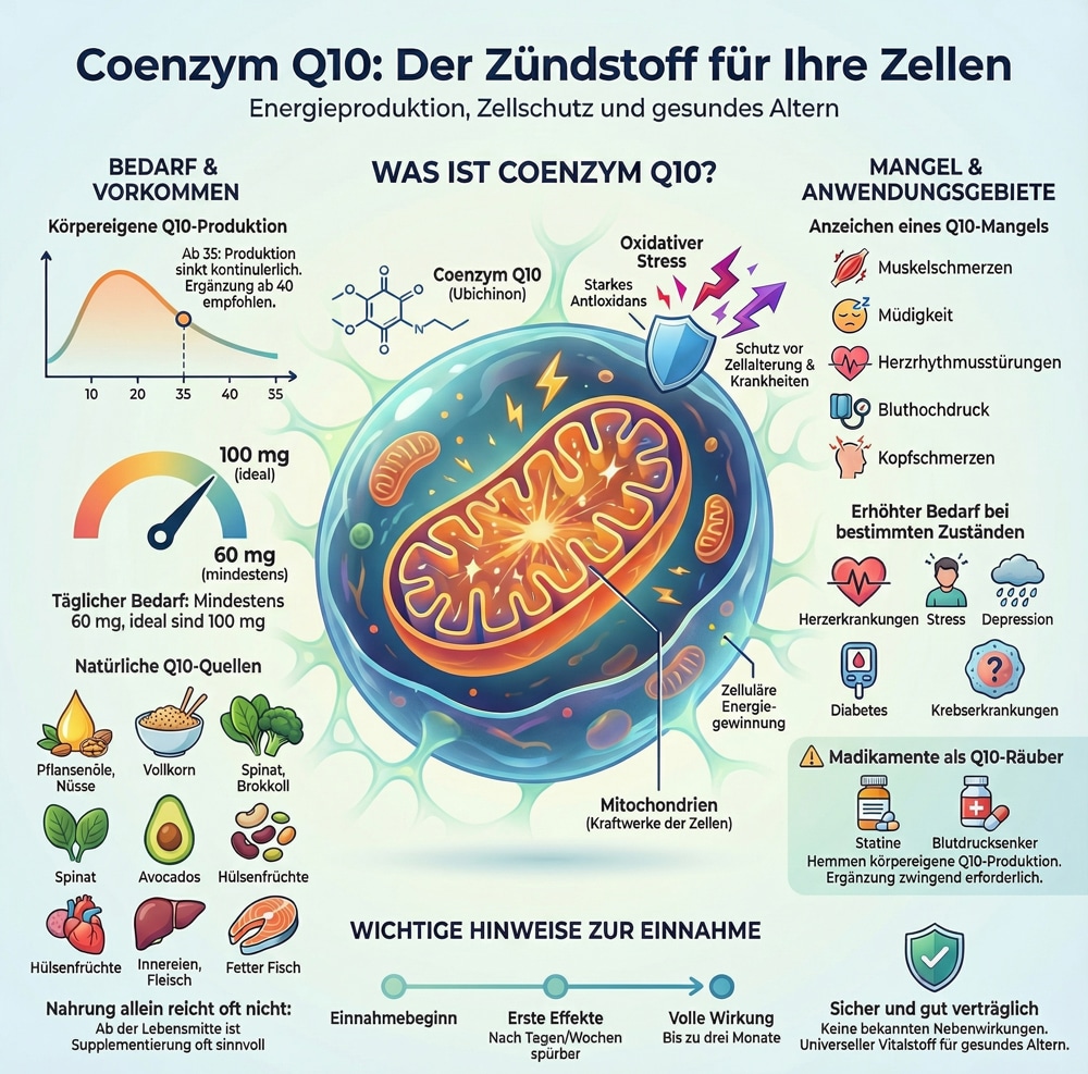 Infografik zu Coenzym Q10: Funktionen, Quellen und Mangelerscheinungen für Zellgesundheit.