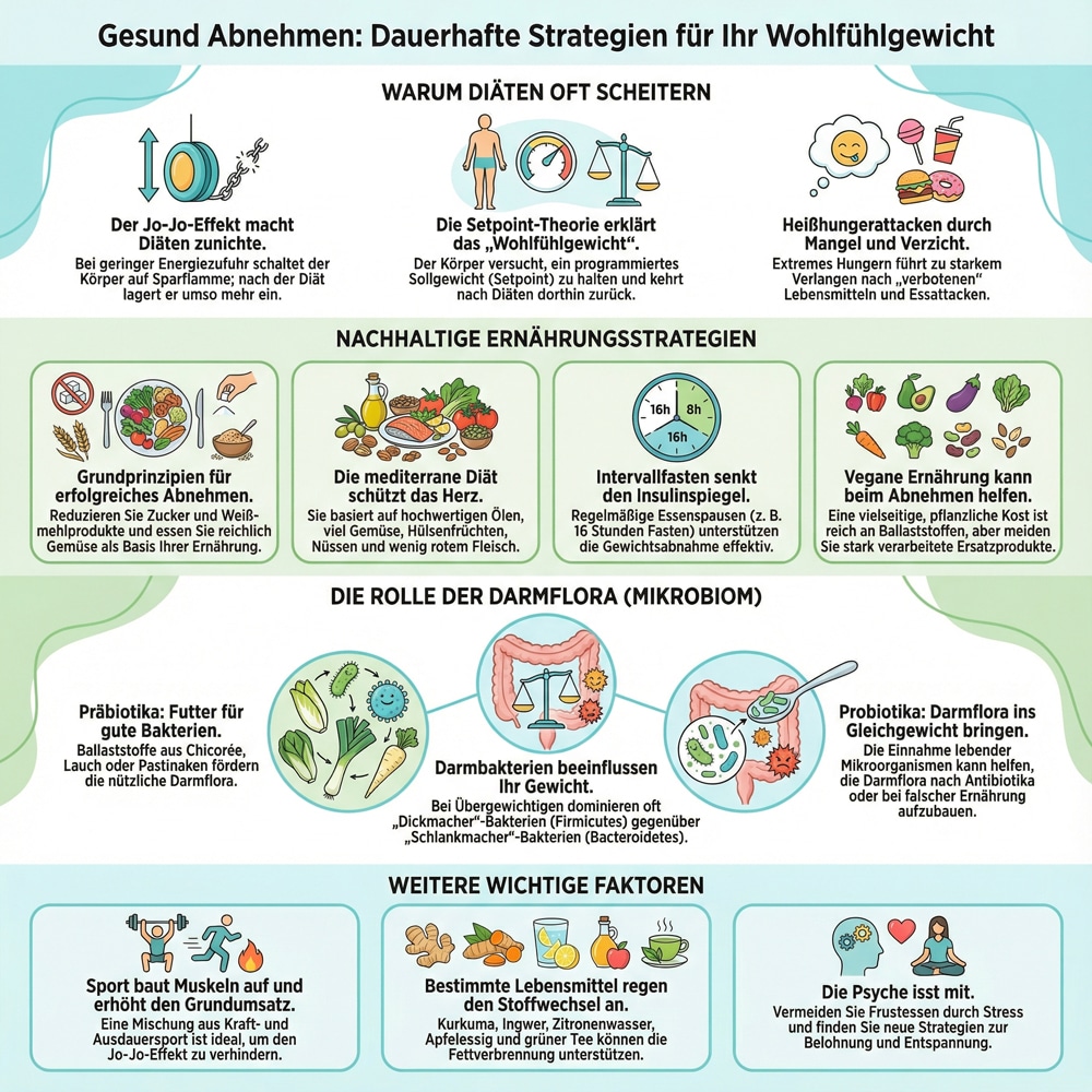 Infografik über Strategien zur gesunden Gewichtsabnahme, inklusive Ernährung, Darmflora und Lebensmitteln.