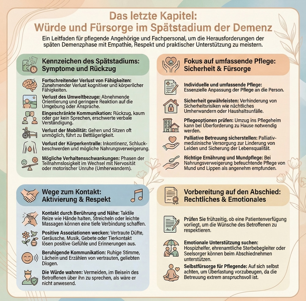 Grafik: Würde und Fürsorge im Spätstadium der Demenz, mit Tipps für Pflege und Kontakt.
