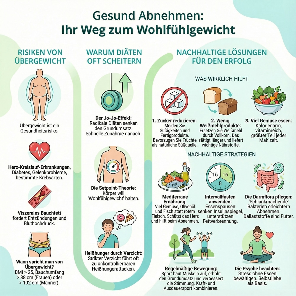 Infografik zu gesundem Abnehmen mit Risiken, Diätmythen und nachhaltigen Abnehmtipps.