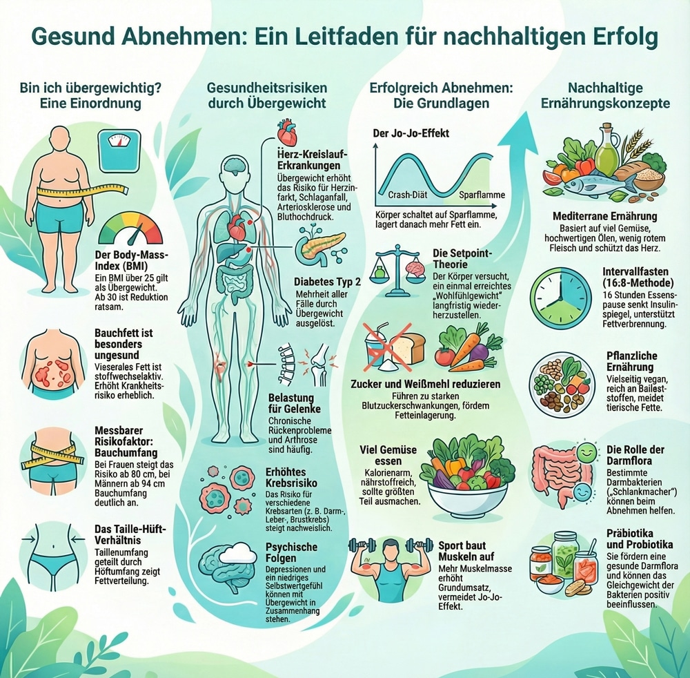 Infografik über gesundes Abnehmen mit Maßnahmen und Gesundheitsrisiken von Übergewicht in deutscher Sprache.