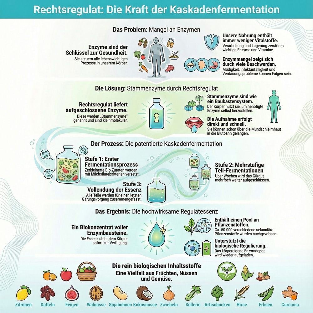 Infografik über Rechtsregulat und Kaskadenfermentation zur Enzymproduktion und deren gesundheitlichen Vorteile.