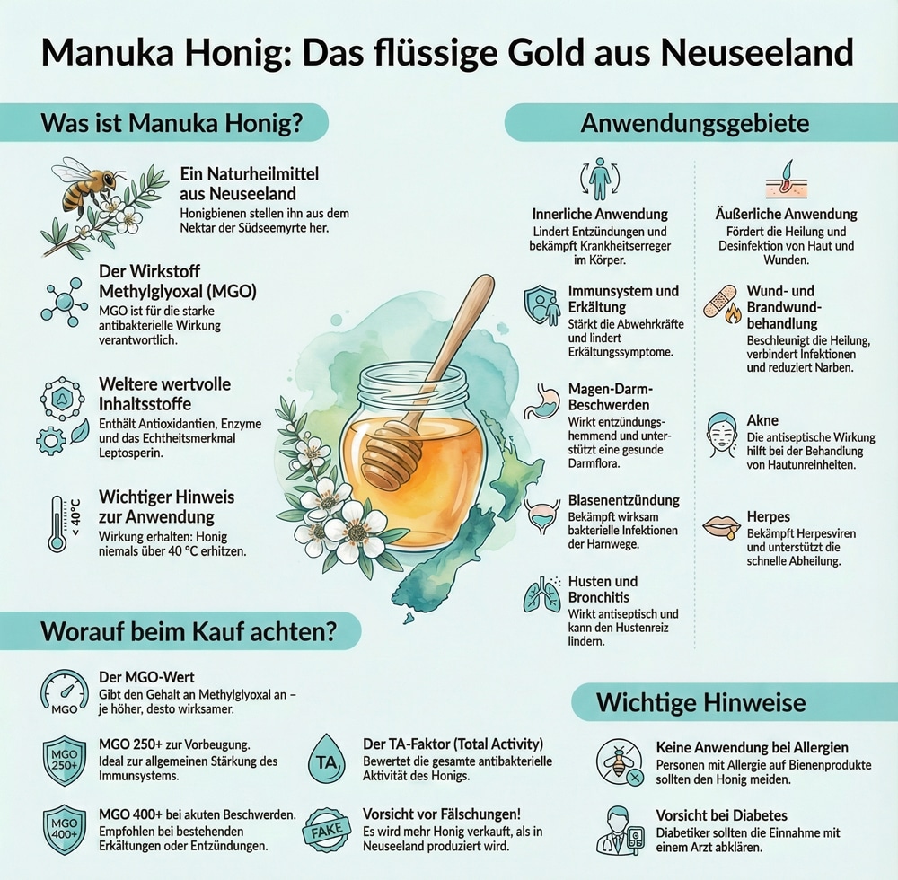 Manuka Honig Infografik: Anwendung, Kaufberatung und wichtige Hinweise. Naturprodukt aus Neuseeland, antibakteriell und gesundheitsfördernd.