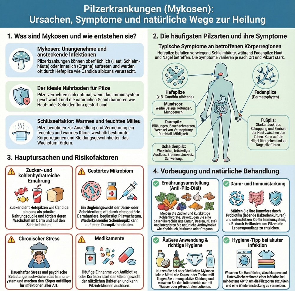 Übersicht über Pilzerkrankungen: Ursachen, Symptome und natürliche Behandlungen beschrieben.