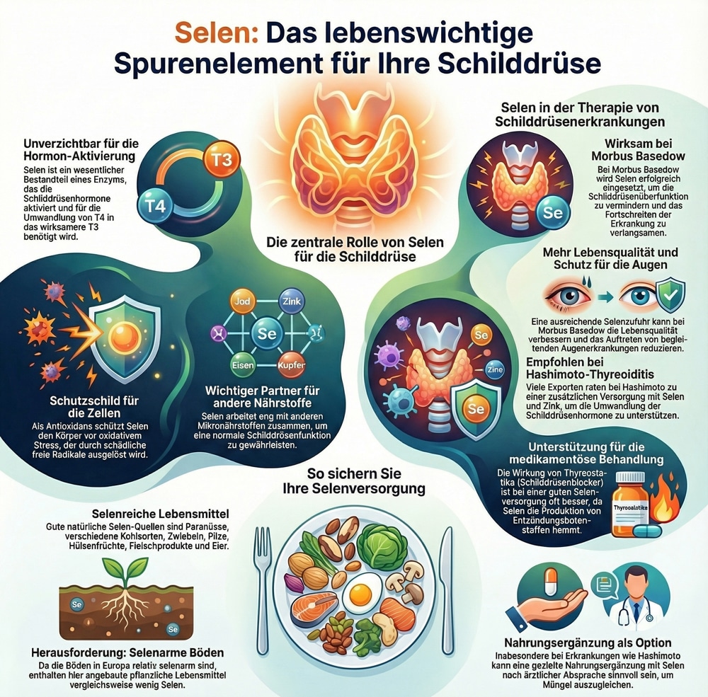 Infografik über Selen und seine Bedeutung für die Schilddrüse, mit Lebensmittelquellen und Gesundheitsvorteilen.
