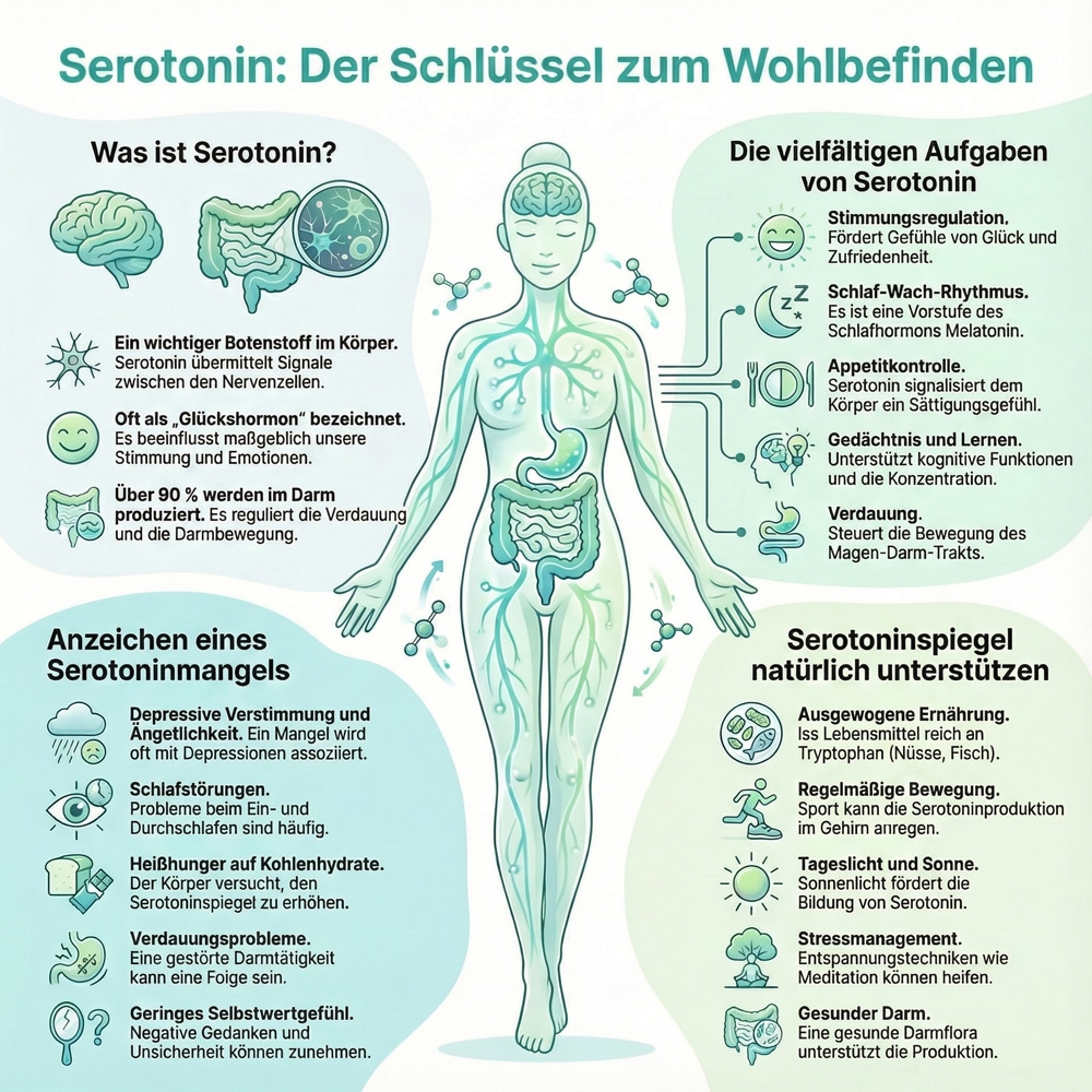Diagramm über Serotonin: Bedeutung, Funktionen und Tipps zur Erhöhung für mehr Wohlbefinden und Gesundheit.