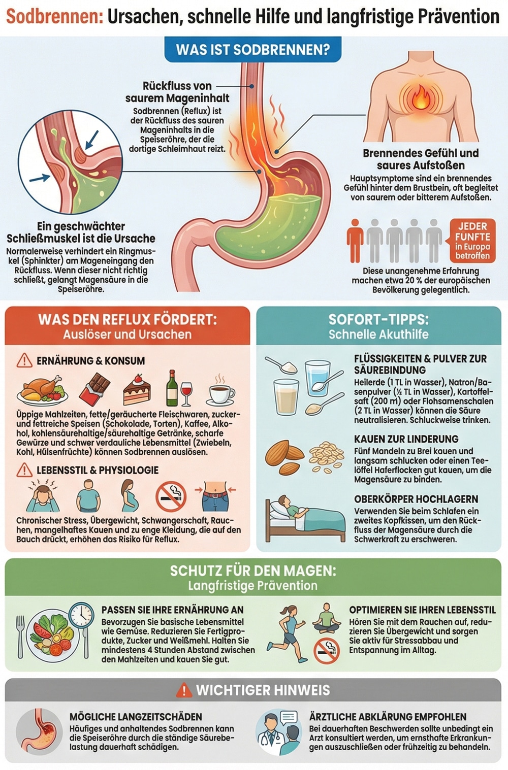 Infografik über Ursachen, Symptome und Prävention von Sodbrennen für langfristige Gesundheit.
